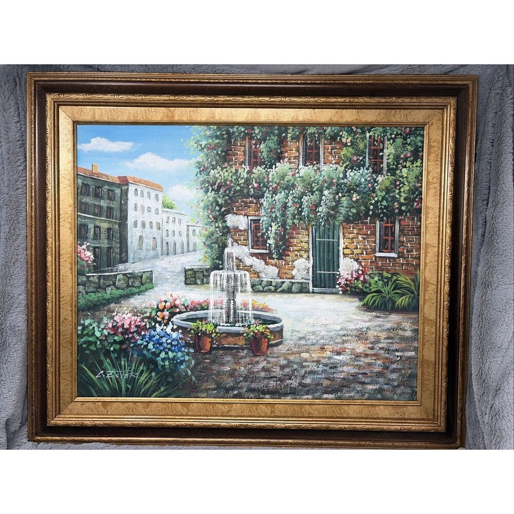 Vintage C. Zester Signed Canvas Painting European Village Fountain Cobblestone